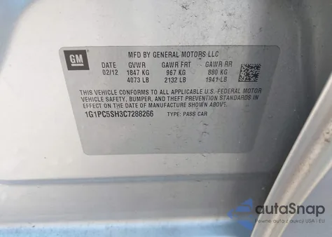 2012 Chevrolet Cruze Ls z USA, uszkodzony, nr VIN 1G1PC5SH3C7288266